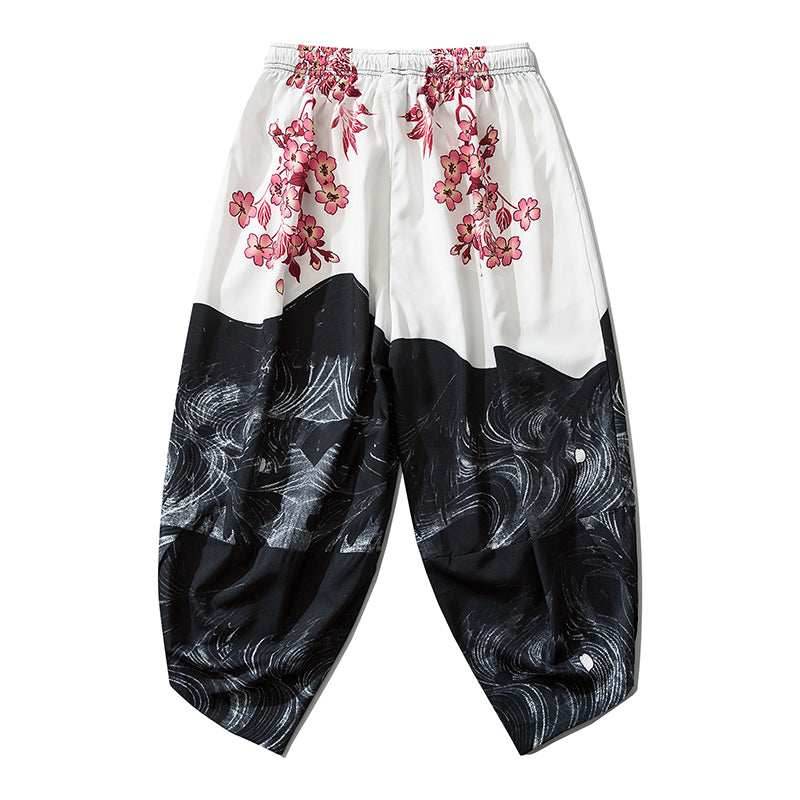 YC135 Pink Flowers Lightweight Pants - White / S