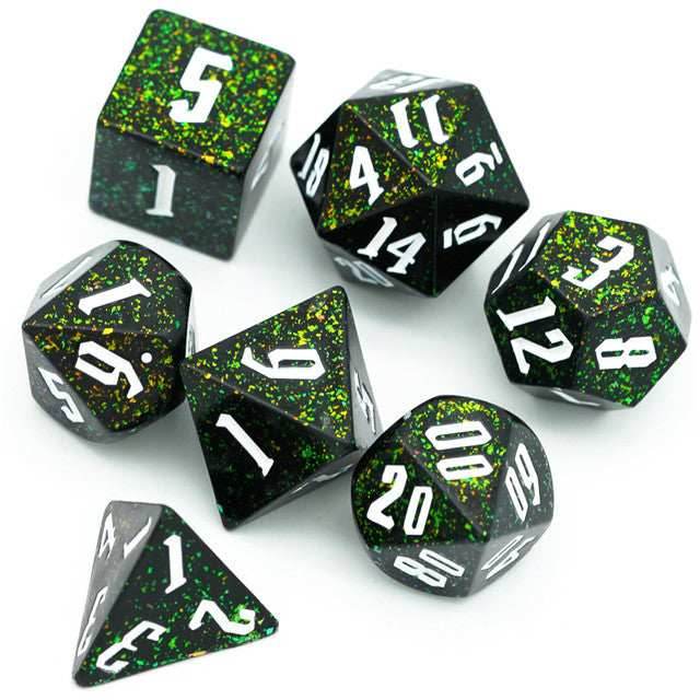80's Monster Glitter DND Dice (Black,Green,Orange) 7-Dice Dungeons and Dragons Dice - 