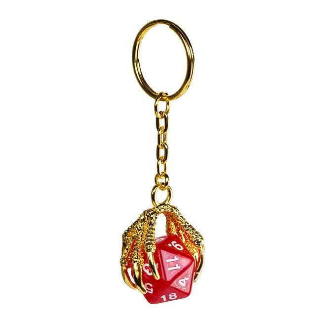 Claw Red D20 Keychain Featuring Gold Metal Dragon Claw + d20 - 
