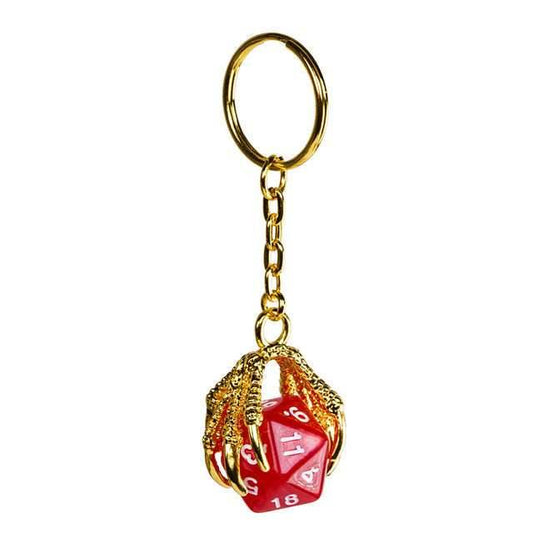 Claw Red D20 Keychain Featuring Gold Metal Dragon Claw + d20 - 