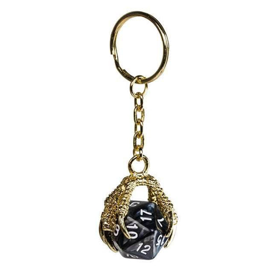 Claw Black D20 Keychain Featuring Gold Metal Dragon Claw + d20 - 