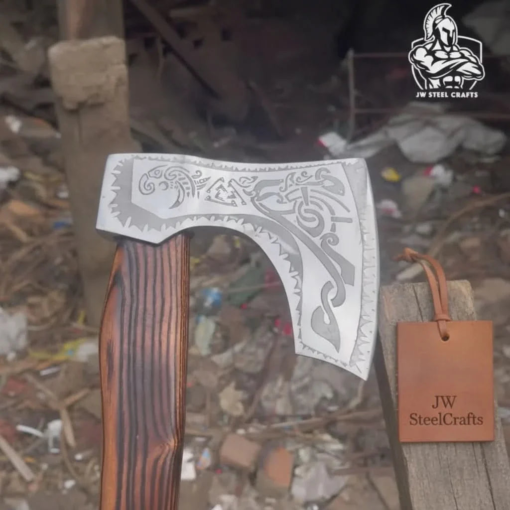 Hand-Forged Carbon Steel Viking Axe | Carved Ash Wood Handle | Leather Wrap Grip | JW SteelCrafts