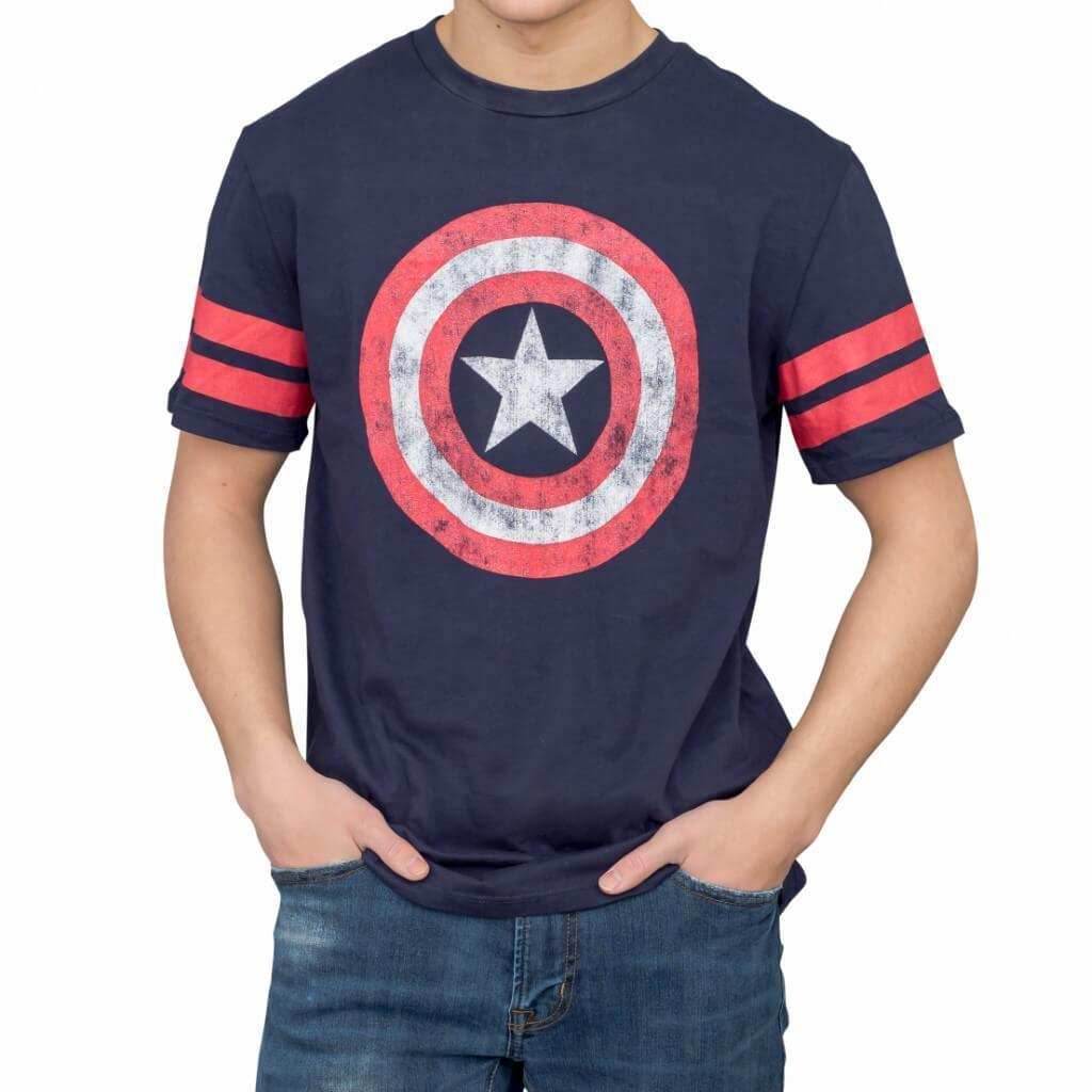 Captain America Distressed Shield Striped Sleeves T-shirt - S