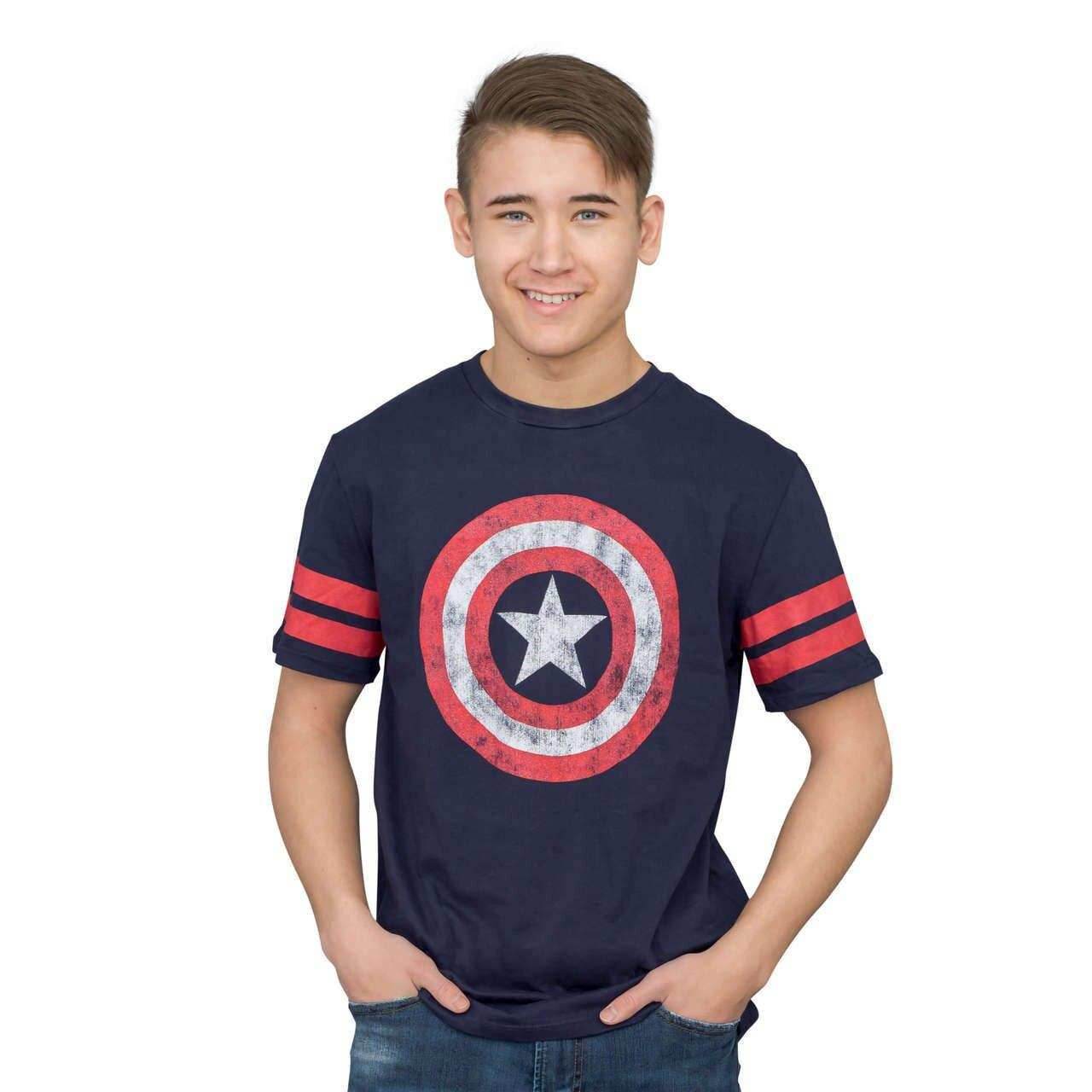 Captain America Distressed Shield Striped Sleeves T-shirt - S