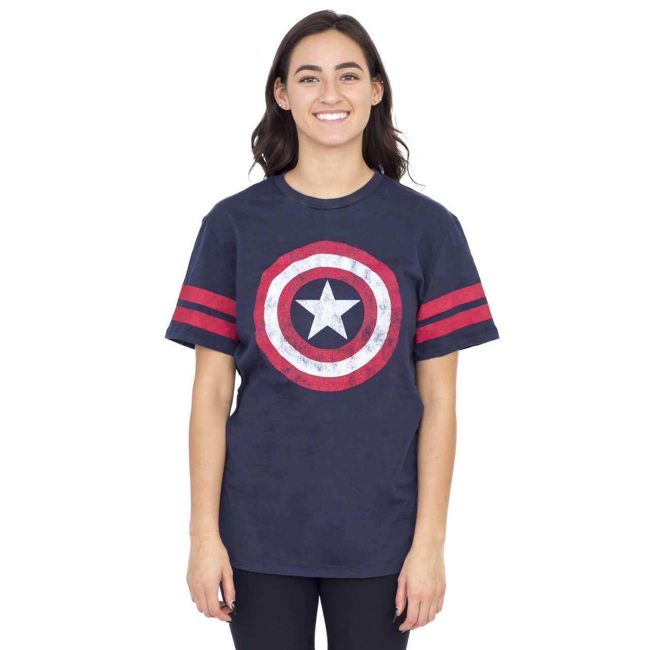 Captain America Distressed Shield Striped Sleeves T-shirt - S