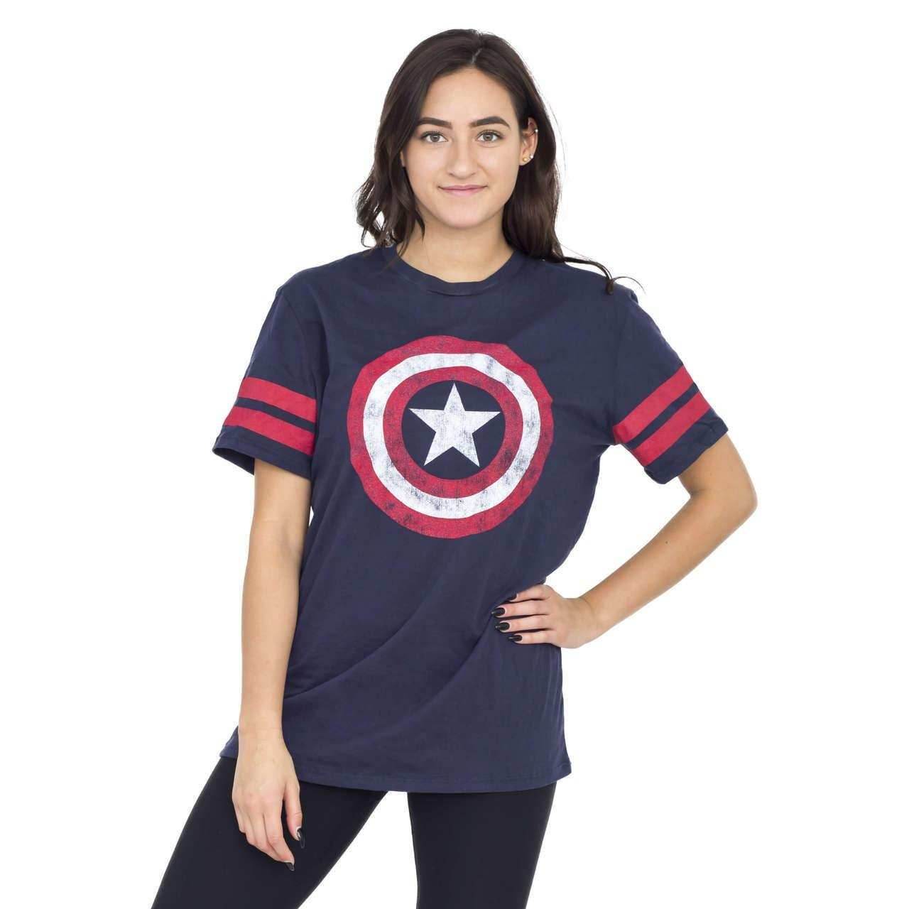 Captain America Distressed Shield Striped Sleeves T-shirt - S