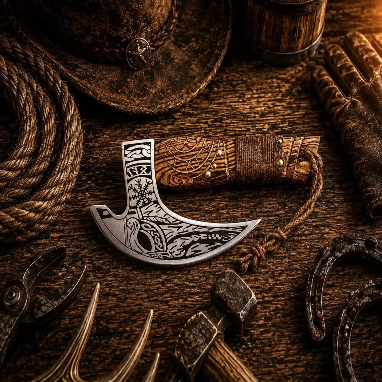 Carved Ash Wood Pizza Axe – D2 Steel Handmade Viking Pizza Cutter