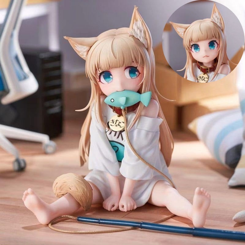 Cat girl sitting and eating fish figure