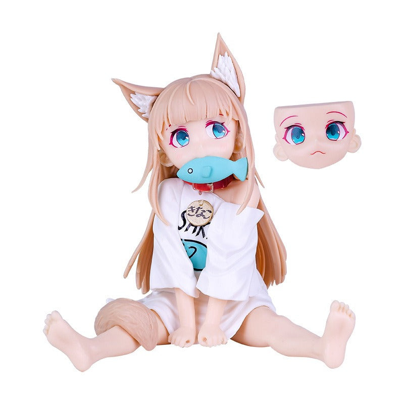 Cat girl sitting and eating fish figure