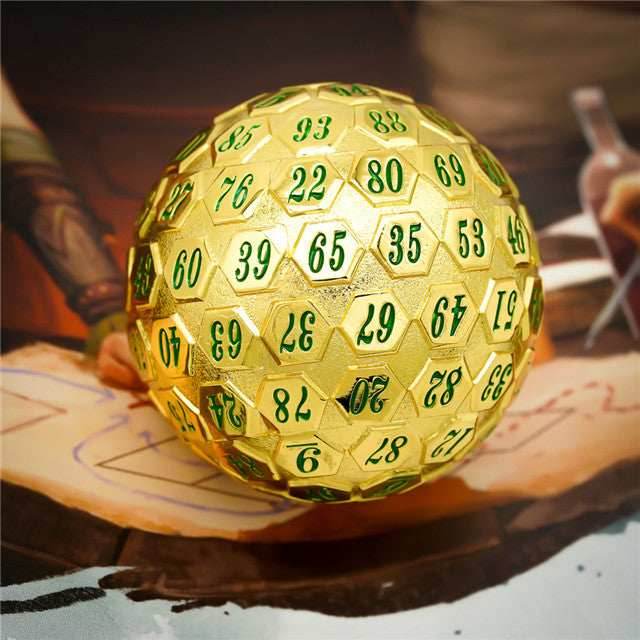 Golden Metal d100 w/ Green Numbers Dungeons and Dragons RPG - 