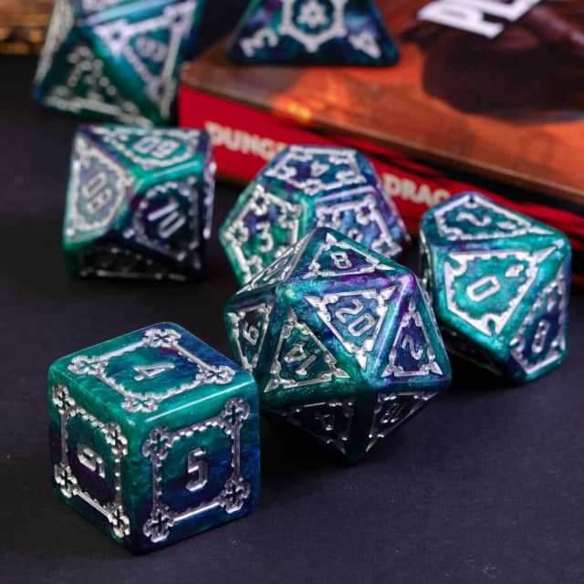 Two-Tone (Purple/Green) Huge Castle Dice (D6:25mm) 7-Dice - 