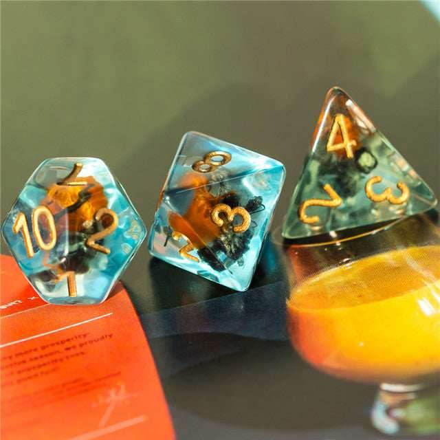 Orange & Grey Flower Dice 7-Dice Set Resin Dungeons and Dragons Dice (Gypsophila / Baby's-Breath) - 
