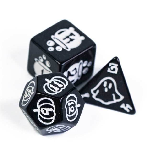 Halloween Black w/White | Pumpkin/Ghost/Bat/Cauldron 7-Dice Set DND - 