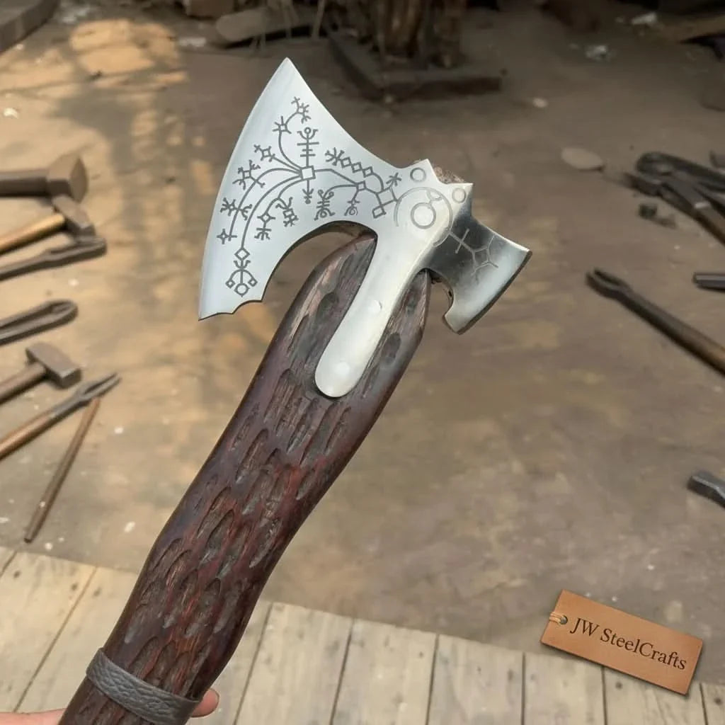 Hand Engraved Viking Double-Bit Axe with Carved Hardwood Handle and Norse Rune Detailing | Handmade Damascus Steel Collector Axe | JW SteelCrafts