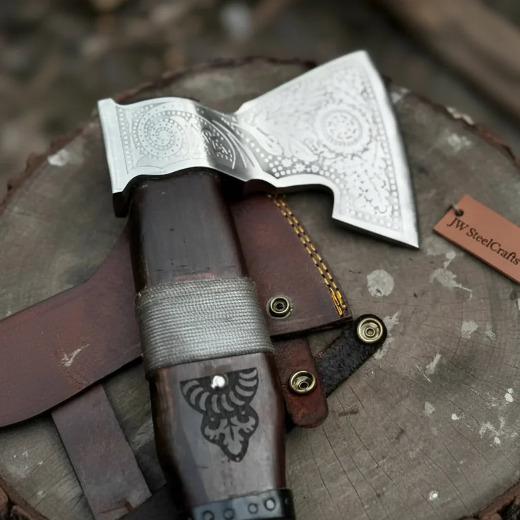 Viking Bearded Axe with Norse Engraved Blade and Leather Sheath