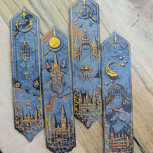 Celestial Gothic Castle Bookmarks – Handcrafted Elegant Black & Gold Magic Themed Bookmarks