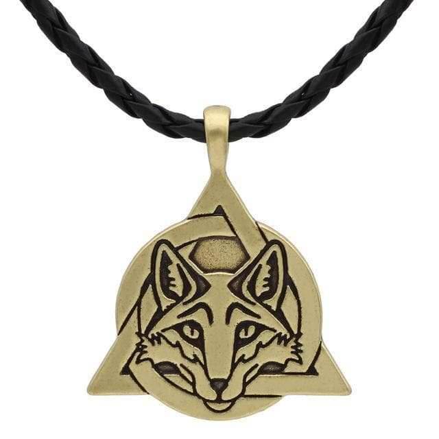 Celtic Slavic Fox Trinity Necklace - Gold Plated, Leather Cord