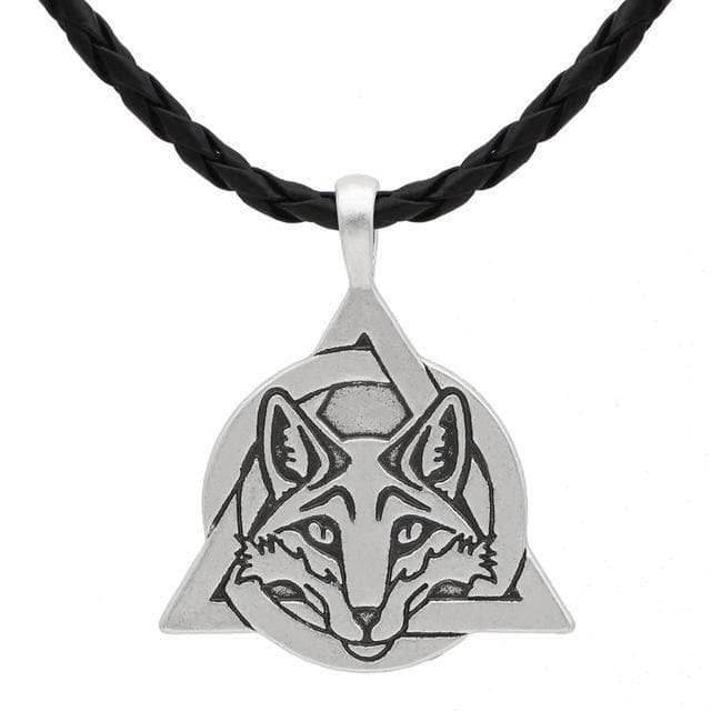 Celtic Slavic Fox Trinity Necklace - Silver Plated, Leather Cord