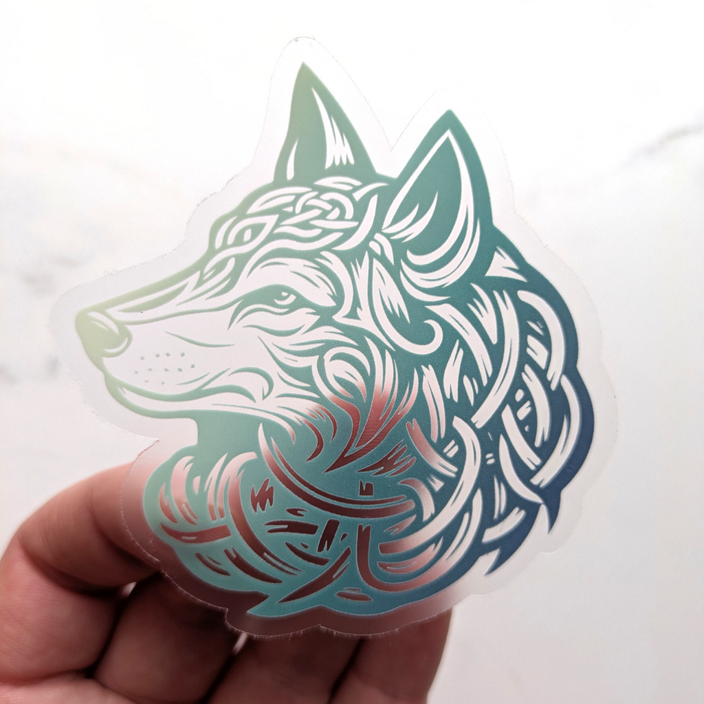 Celtic Wolf Clear Sticker - Mystical Forest Guardian Vinyl Decal - Translucent Teal Nordic Tribal Wolf Art