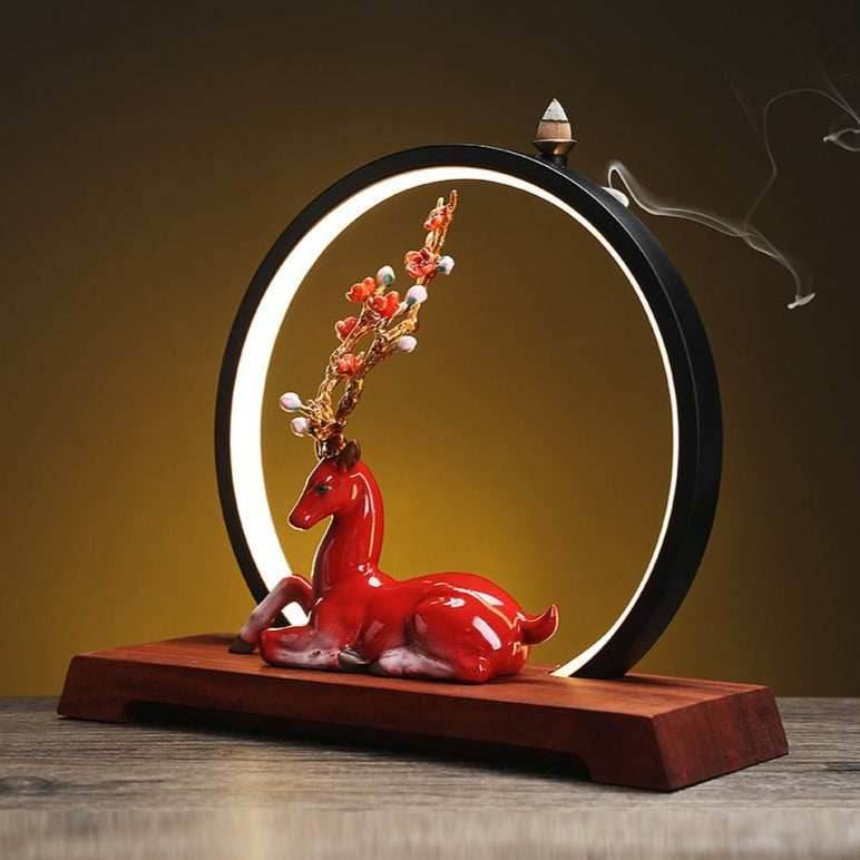 Blossom Deer Round Backflow Incense Burner LED Lamp - Blue
