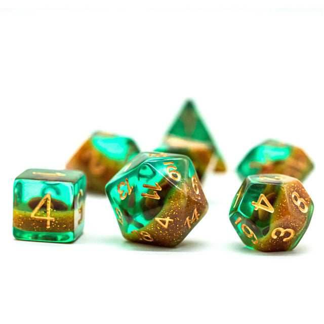 Green and Gold Starfish Dice 7-Dice Set Resin Dungeons and Dragons Dice - 