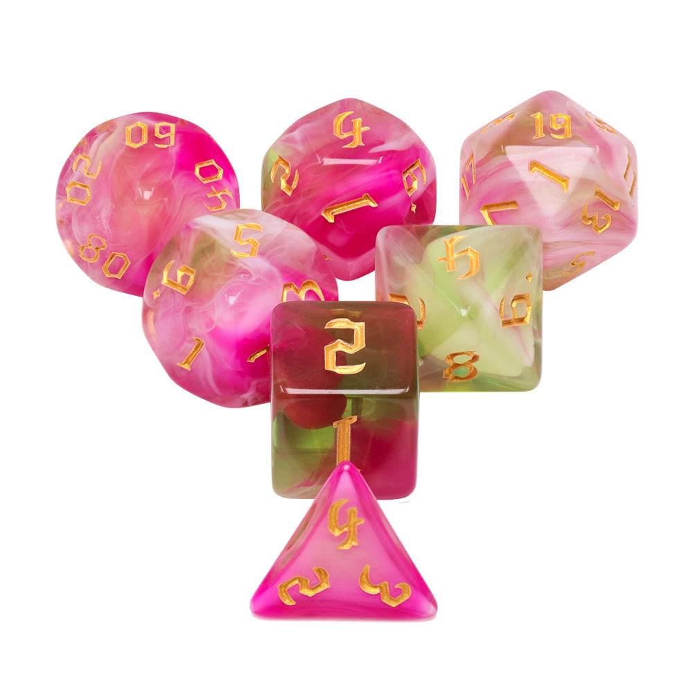 Superbloom 7-Dice Dnd Dice Pink | Green w/Gold Numbers Set - 