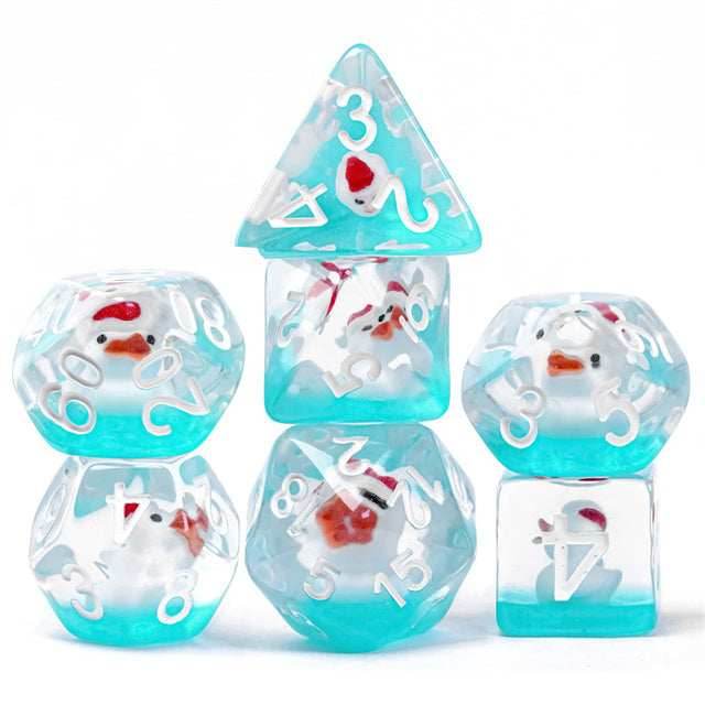 White Duck Red Hat on Blue 7-Dice Set w/White Numbers Dnd Dice Set - 