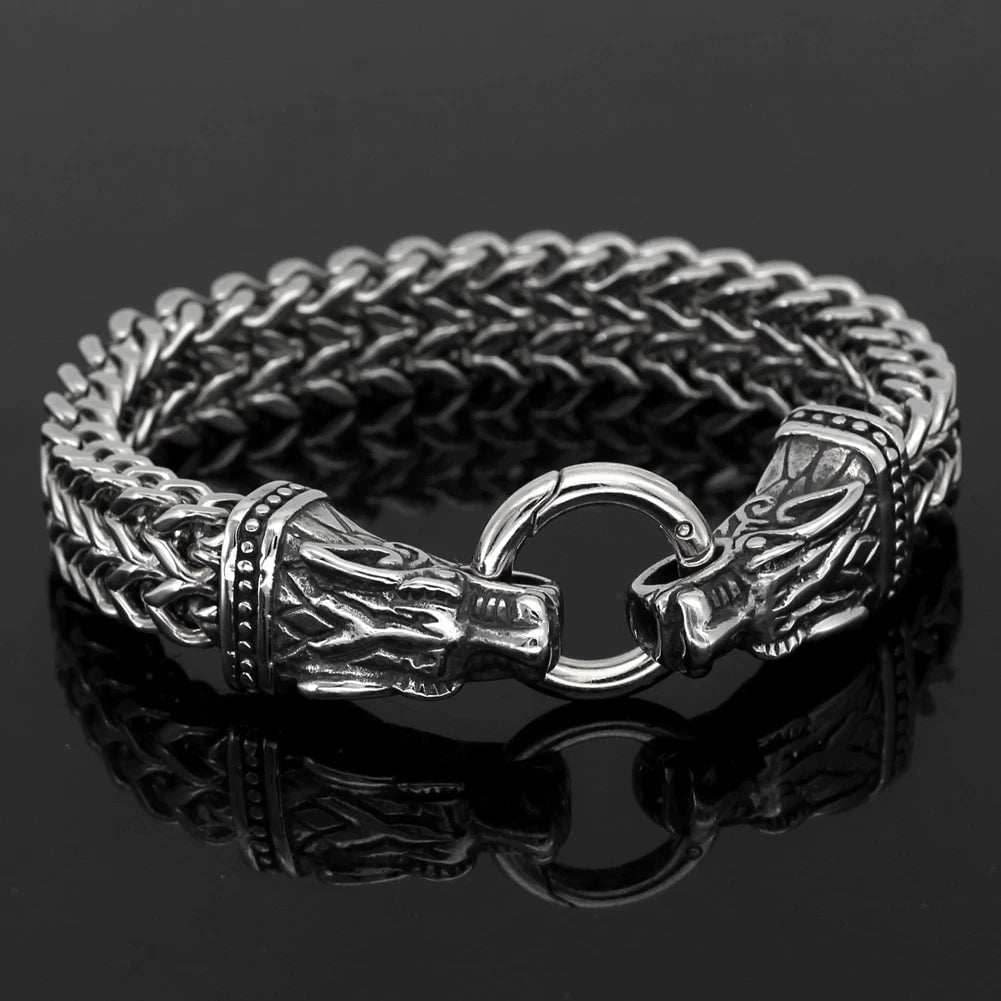 Vikings Wolf Head Stainless Steel Charm Bracelet - 19 CM
