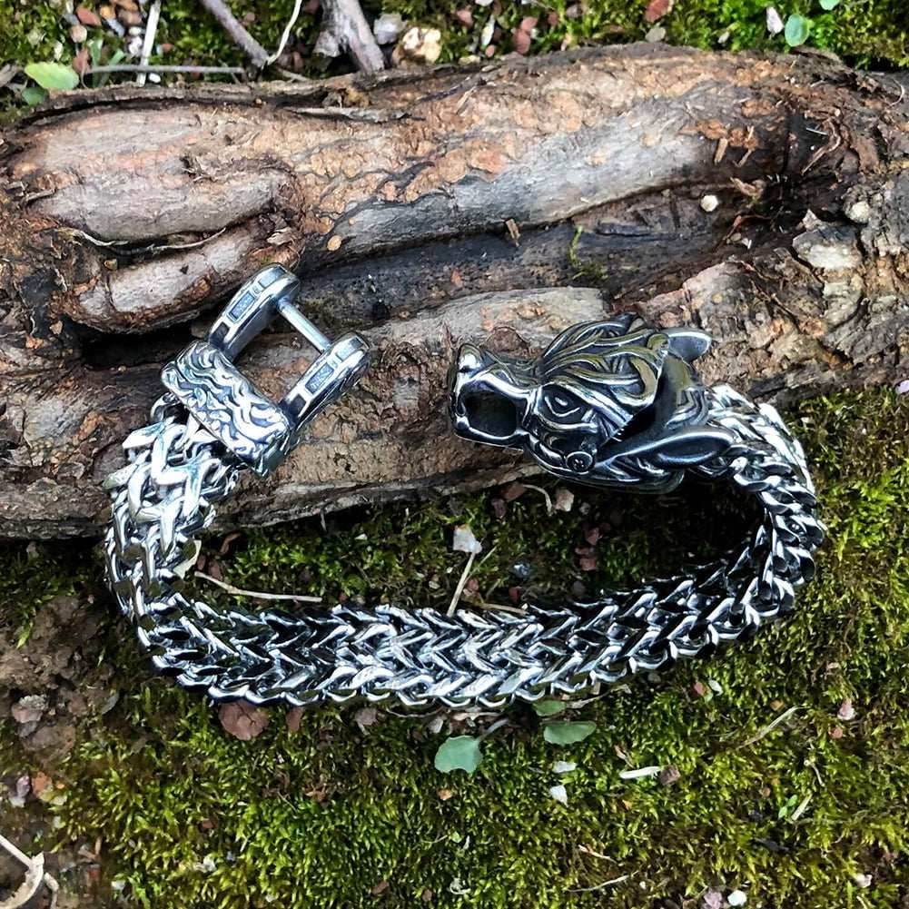 Vikings Wolf Head Stainless Steel Punk Link Bracelet - 19 cm