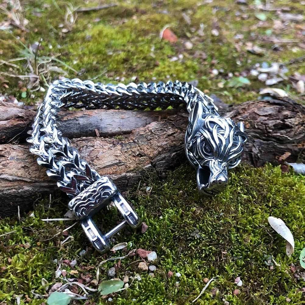 Vikings Wolf Head Stainless Steel Punk Link Bracelet - 19 cm