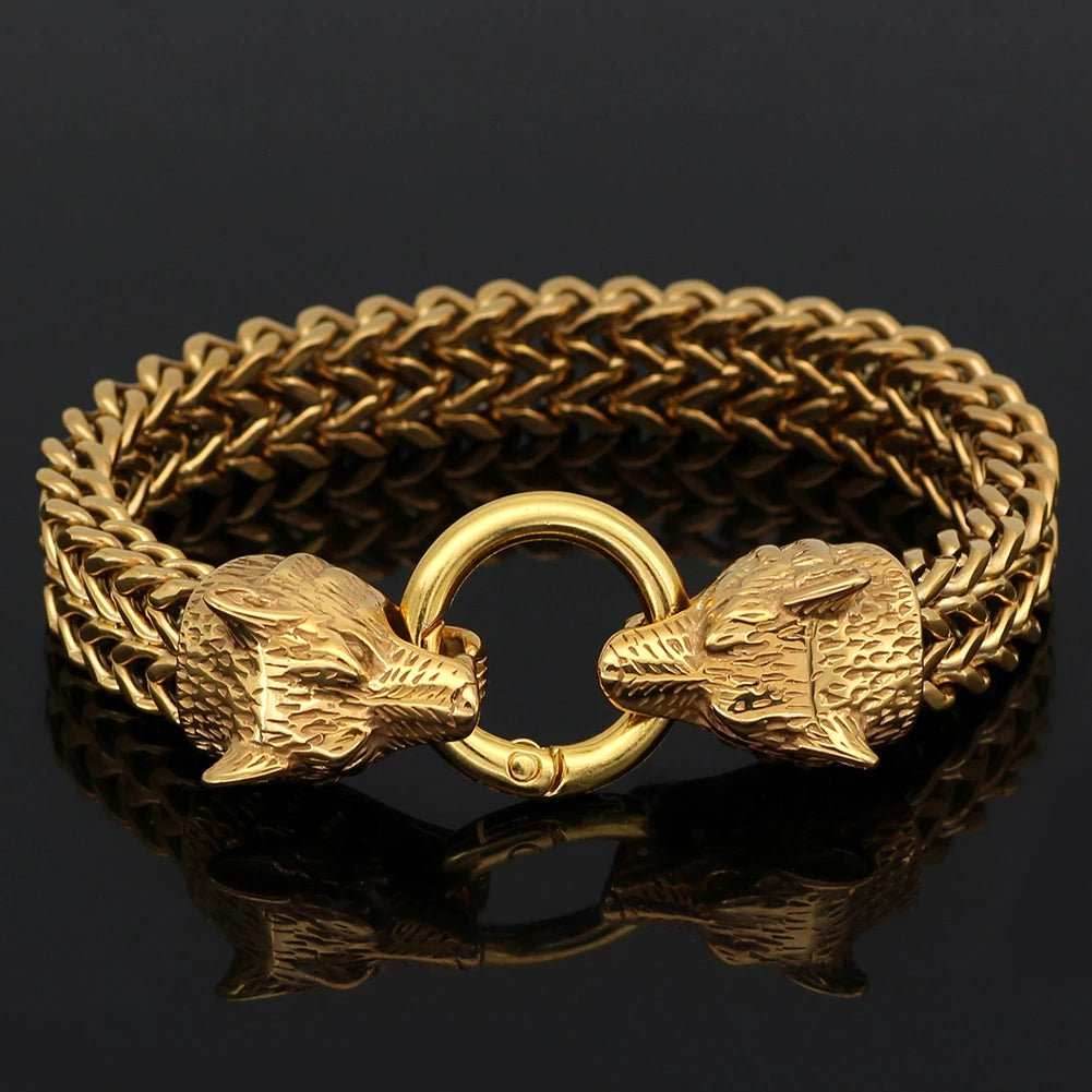 Vikings Wolf Heads Stainless Steel Bracelet - 19cm-gold
