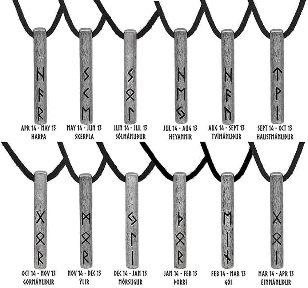 Viking Runes Birthday Stainless Steel Silver Necklaces - Mar 14 - Apr 13