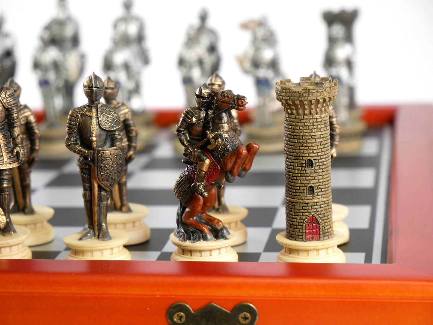 Chess Set - Armored Knights Chess Pieces on Cherry Chest - 