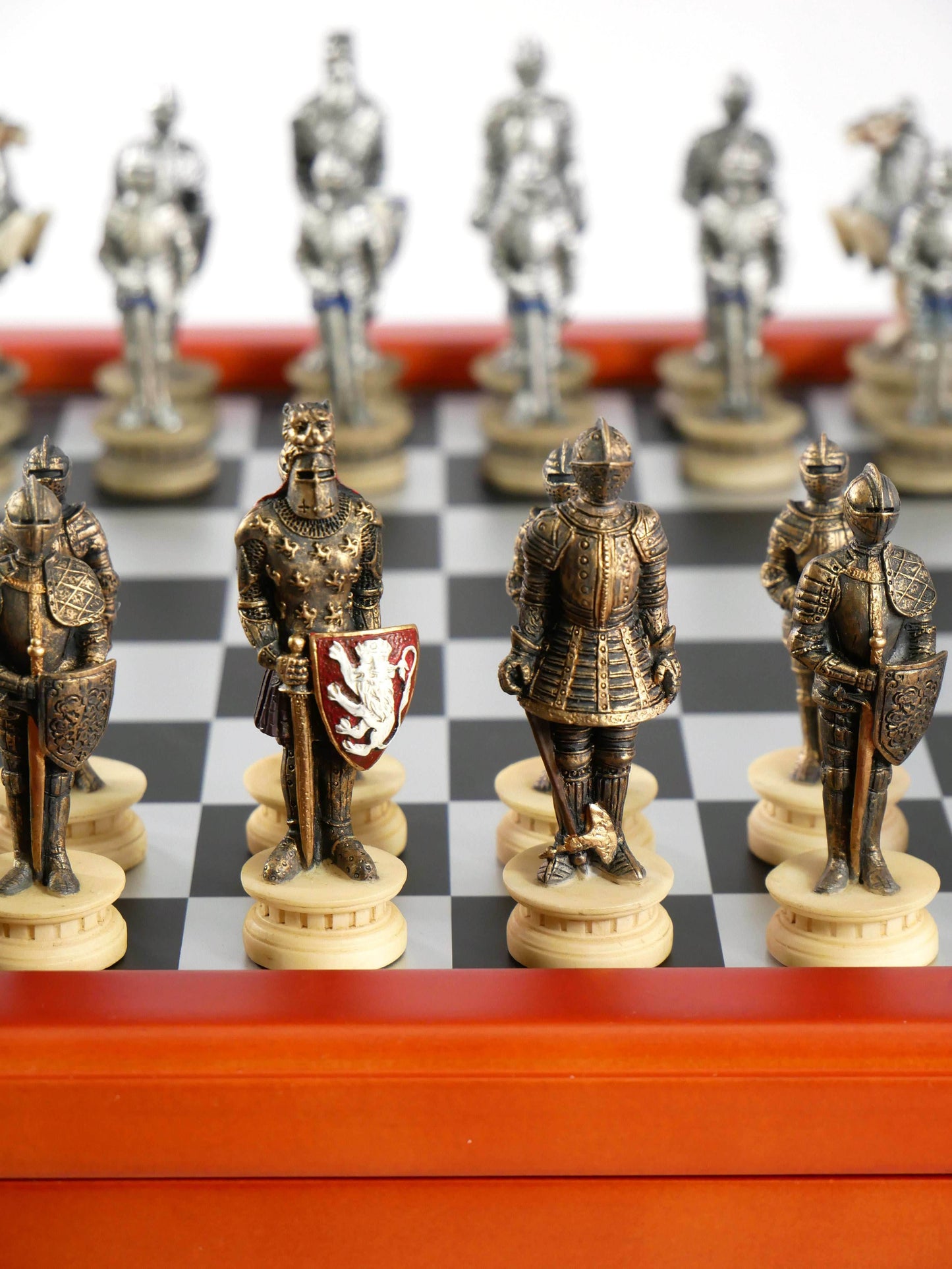 Chess Set - Armored Knights Chess Pieces on Cherry Chest - 