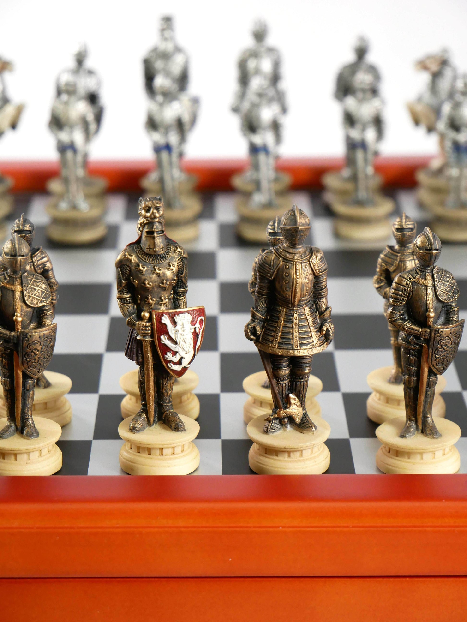 Chess Set - Armored Knights Chess Pieces on Cherry Chest - 