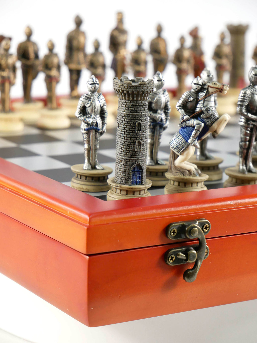 Chess Set - Armored Knights Chess Pieces on Cherry Chest - 