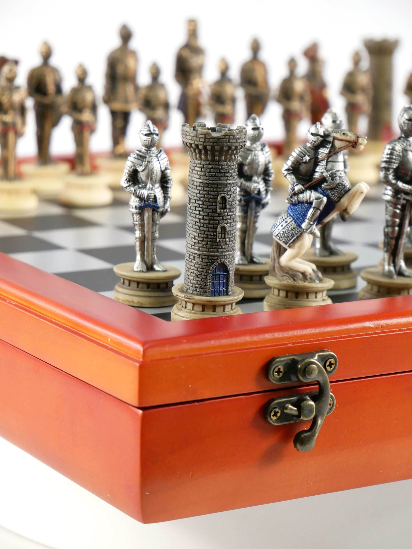 Chess Set - Armored Knights Chess Pieces on Cherry Chest - 