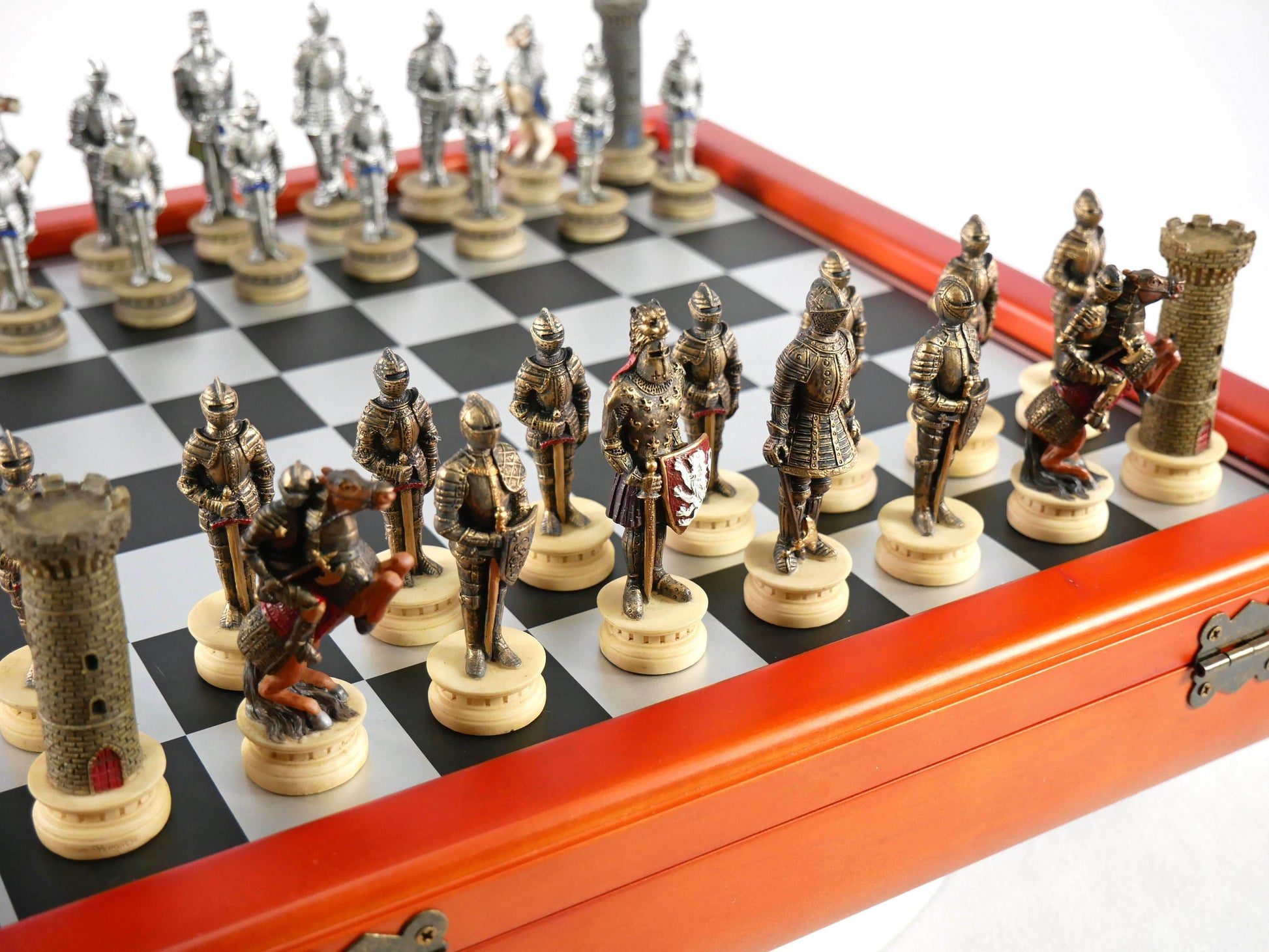 Chess Set - Armored Knights Chess Pieces on Cherry Chest - 