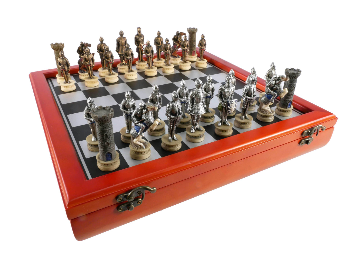 Chess Set - Armored Knights Chess Pieces on Cherry Chest - 