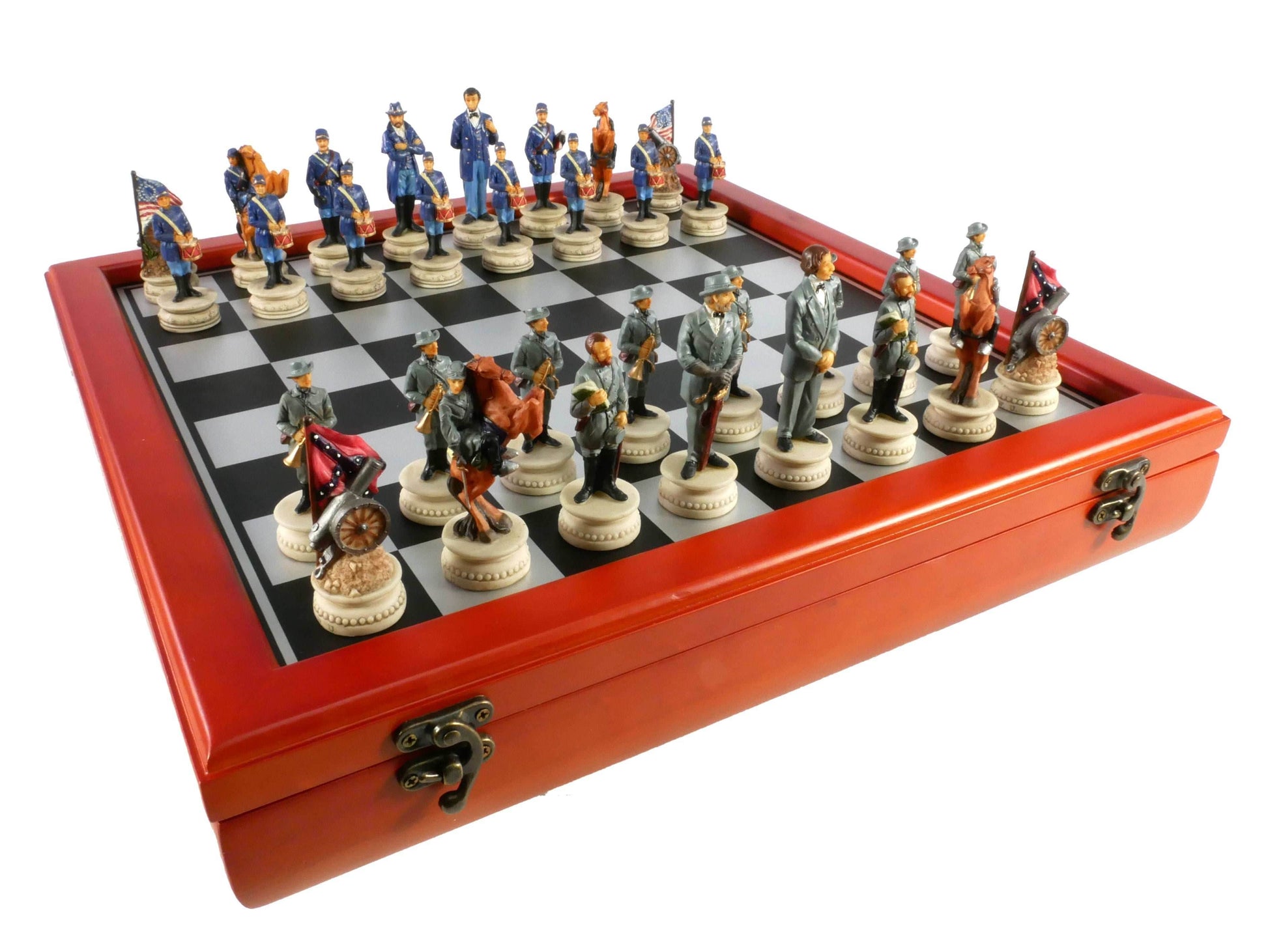 Chess Set - Civil War Resin Chessmen Generals on Cherry Stain Chest - 