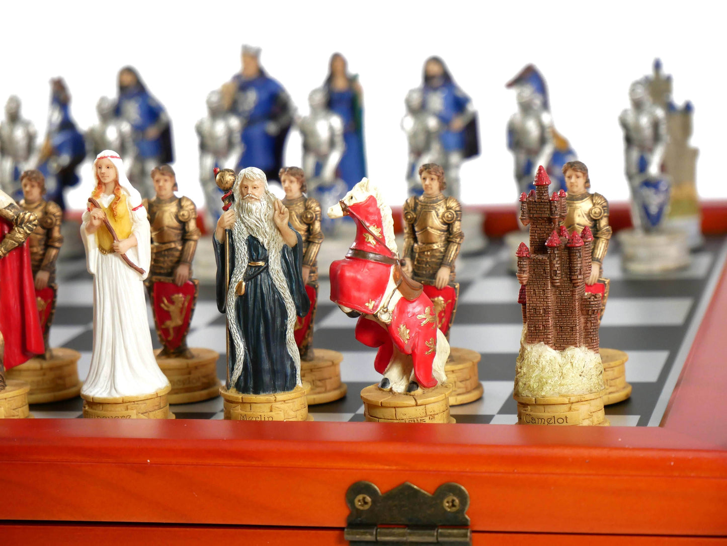 Chess Set - King Arthur Resin Chessmen on Cherry Chest - 