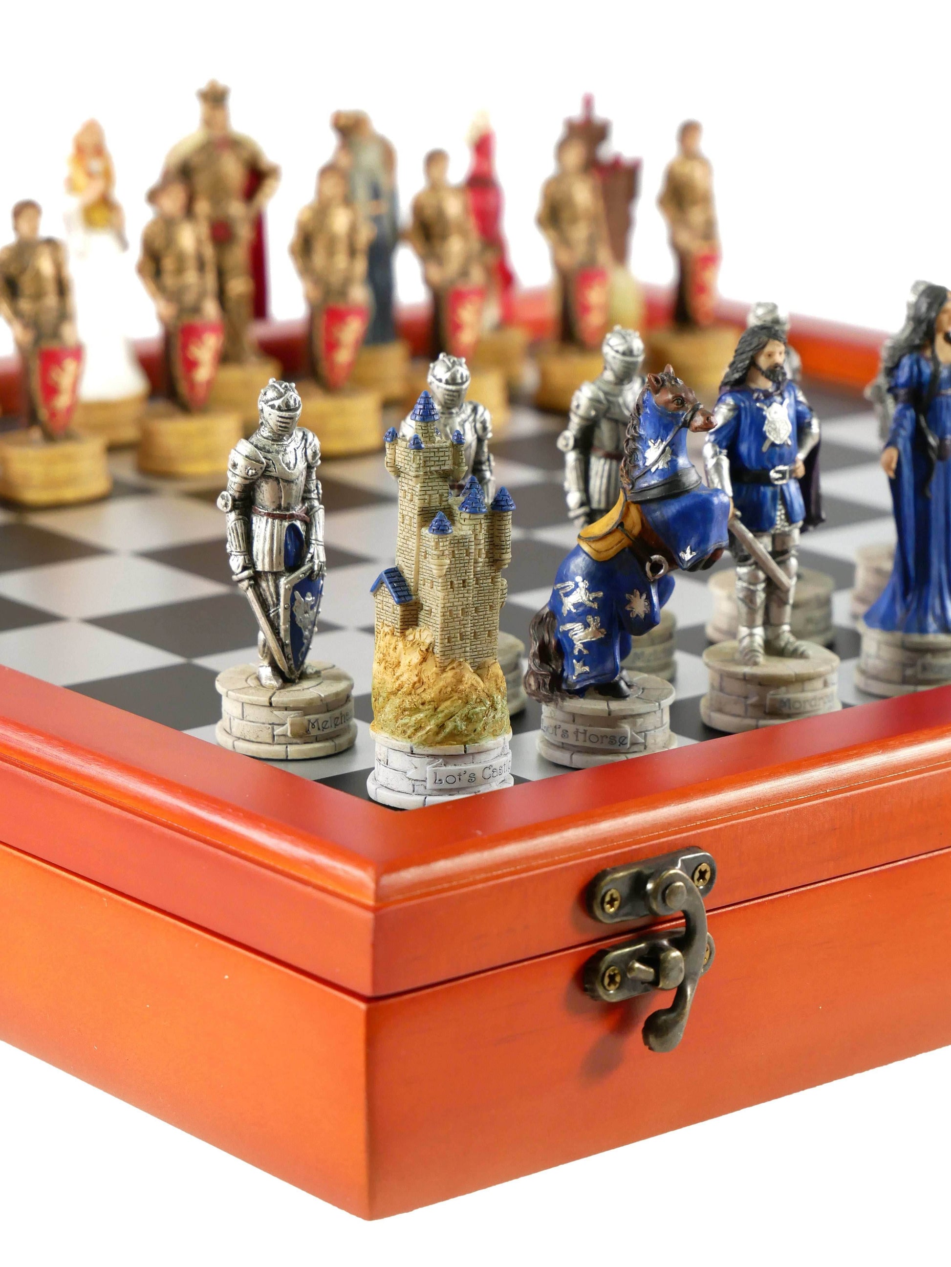 Chess Set - King Arthur Resin Chessmen on Cherry Chest - 