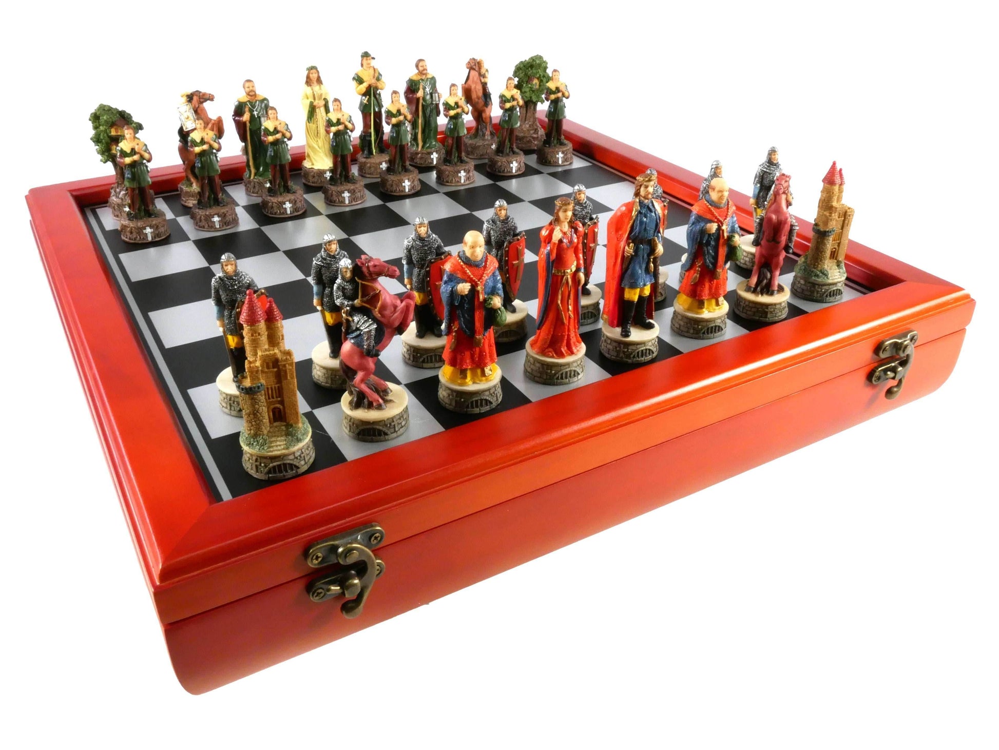 Chess Set -Robin Hood Resin Chessmen on Cherry Stained Chest - 
