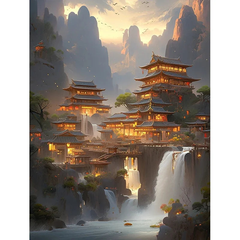 Chinese Style Castle Diamond Art Cross Stitch Kit 5D Diamond Painting Kit Living Room Corridor Home Decor Christmas Gift