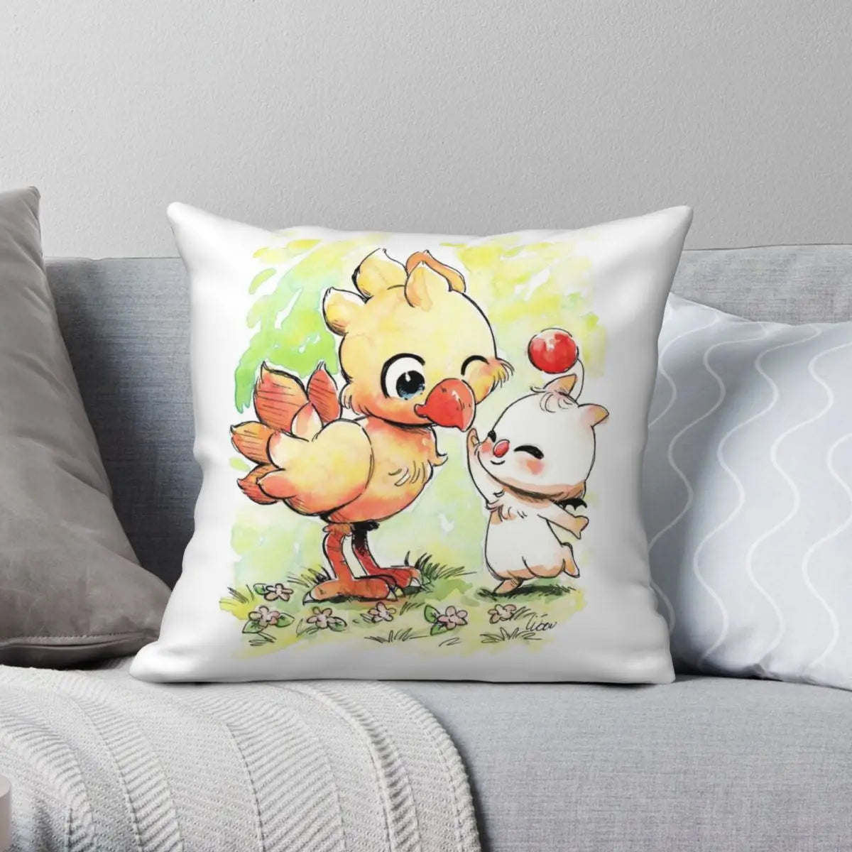 Chocobo Mog Final Fantasy Kawaii Square Pillowcase Polyester Linen Velvet Pattern Zip Decor Sofa Cushion Cover