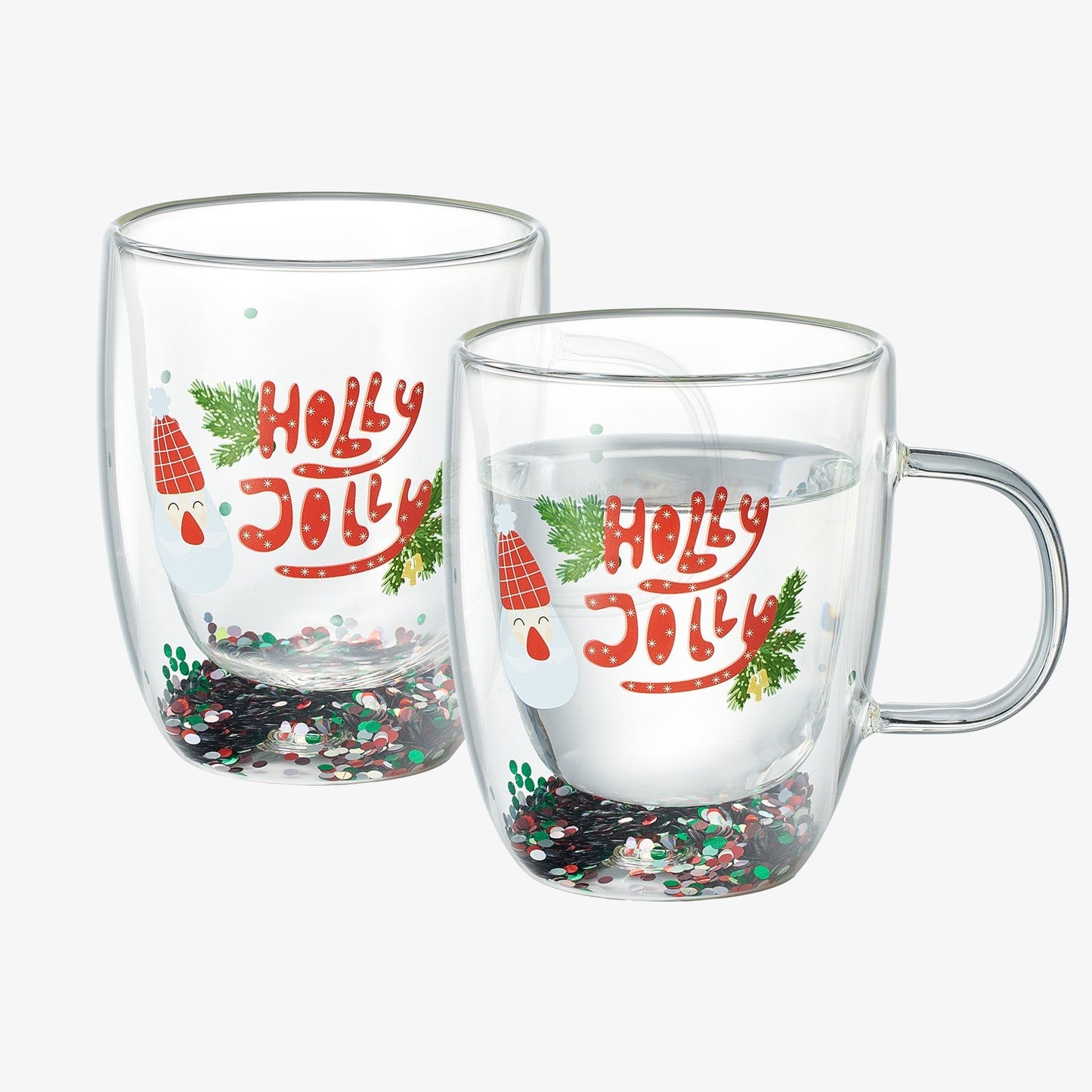 Christmas Glass Coffee Mug Set of 2 Mugs - Holly Jolly Tree Double Wall Insulated Cups Holidays 10oz Glassware Handle Gifts, Confetti Snowflake Glassware Tea, Milk, Beverage, Juice, Water Holiday Gift