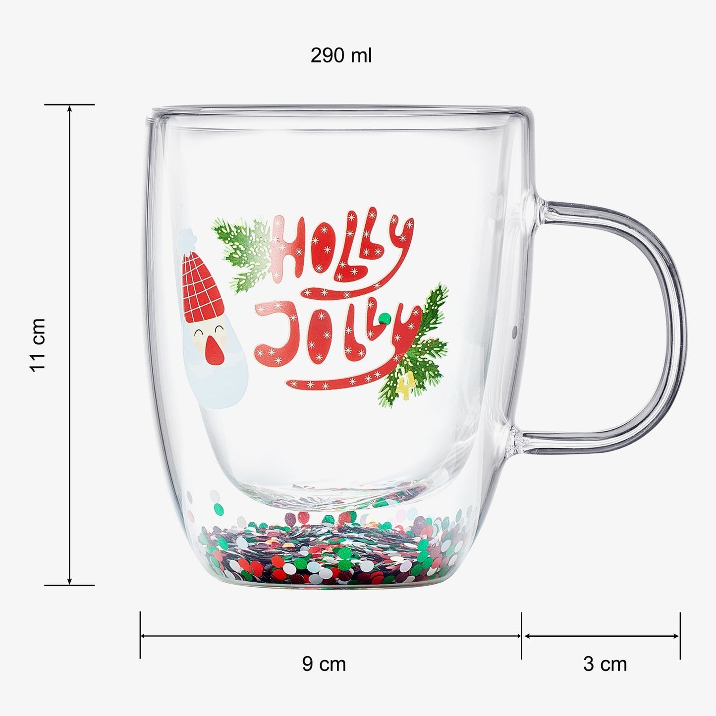 Christmas Glass Coffee Mug Set of 2 Mugs - Holly Jolly Tree Double Wall Insulated Cups Holidays 10oz Glassware Handle Gifts, Confetti Snowflake Glassware Tea, Milk, Beverage, Juice, Water Holiday Gift