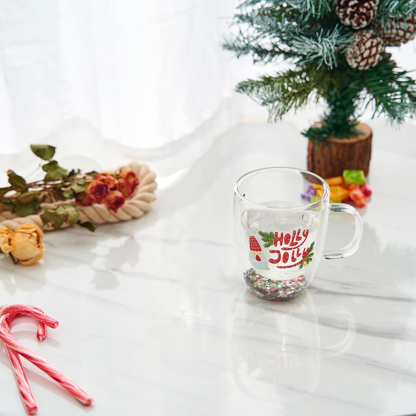 Christmas Glass Coffee Mug Set of 2 Mugs - Holly Jolly Tree Double Wall Insulated Cups Holidays 10oz Glassware Handle Gifts, Confetti Snowflake Glassware Tea, Milk, Beverage, Juice, Water Holiday Gift