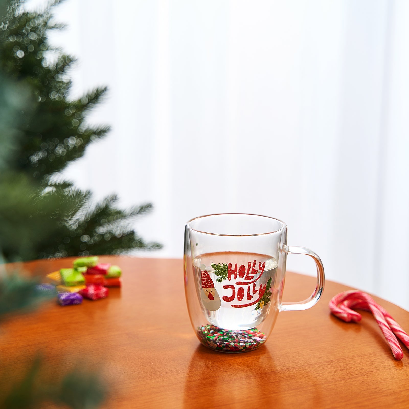 Christmas Glass Coffee Mug Set of 2 Mugs - Holly Jolly Tree Double Wall Insulated Cups Holidays 10oz Glassware Handle Gifts, Confetti Snowflake Glassware Tea, Milk, Beverage, Juice, Water Holiday Gift