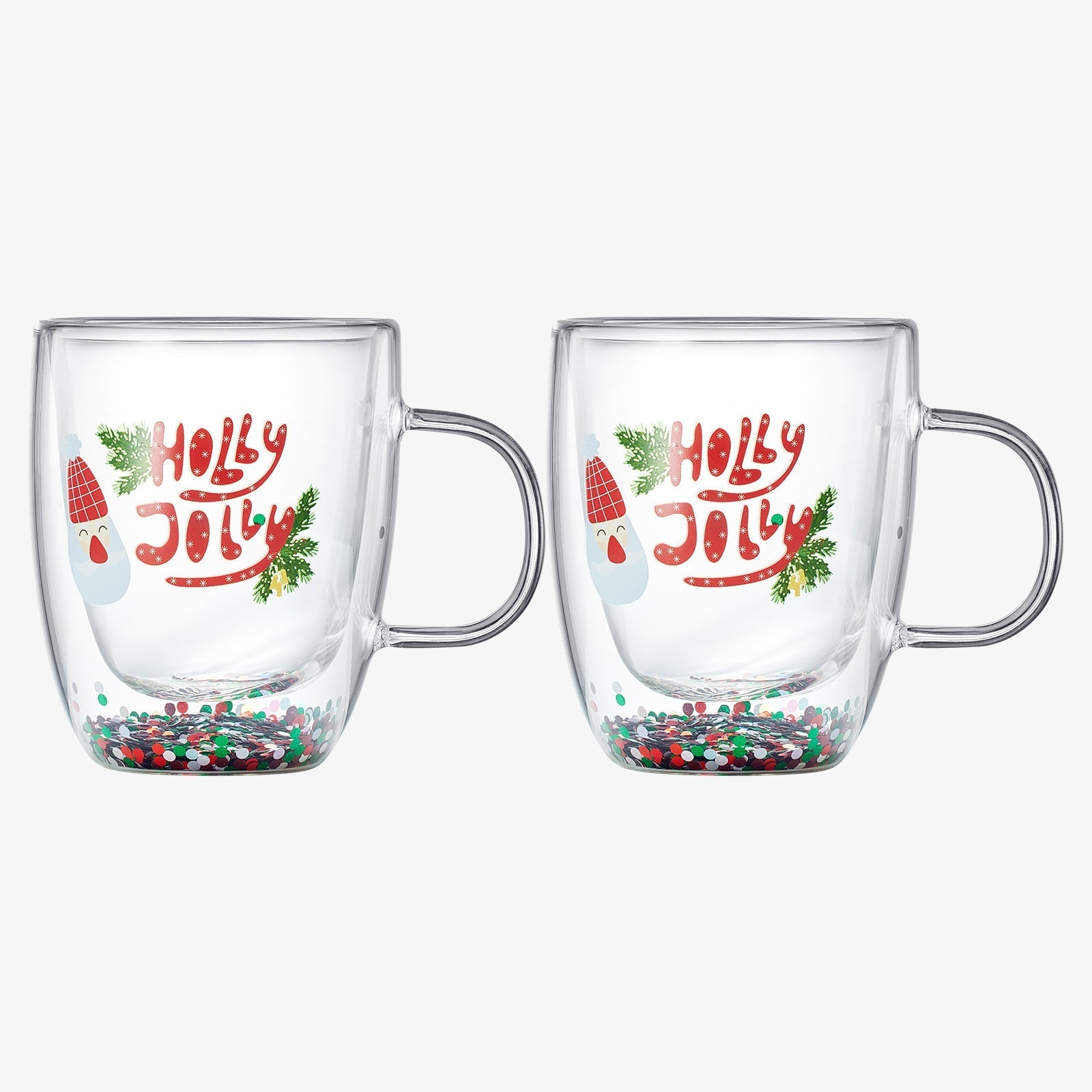 Christmas Glass Coffee Mug Set of 2 Mugs - Holly Jolly Tree Double Wall Insulated Cups Holidays 10oz Glassware Handle Gifts, Confetti Snowflake Glassware Tea, Milk, Beverage, Juice, Water Holiday Gift